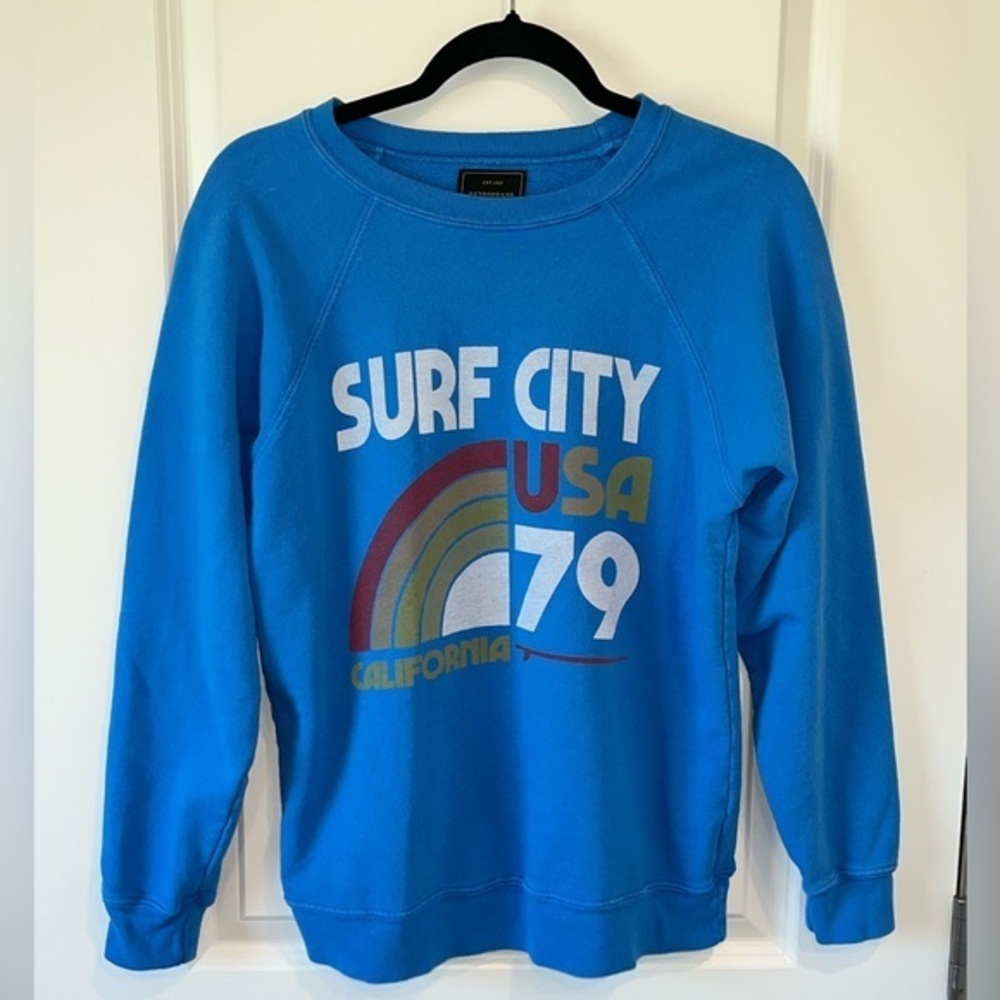 Retro Brand Womens Pullover Sweatshirt Blue Surf Beach Graphic Cotton XS